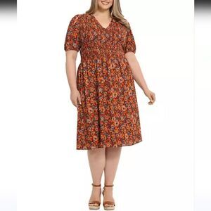 NWT London Times 1X Floral V-Neck Smocked Midi Dress